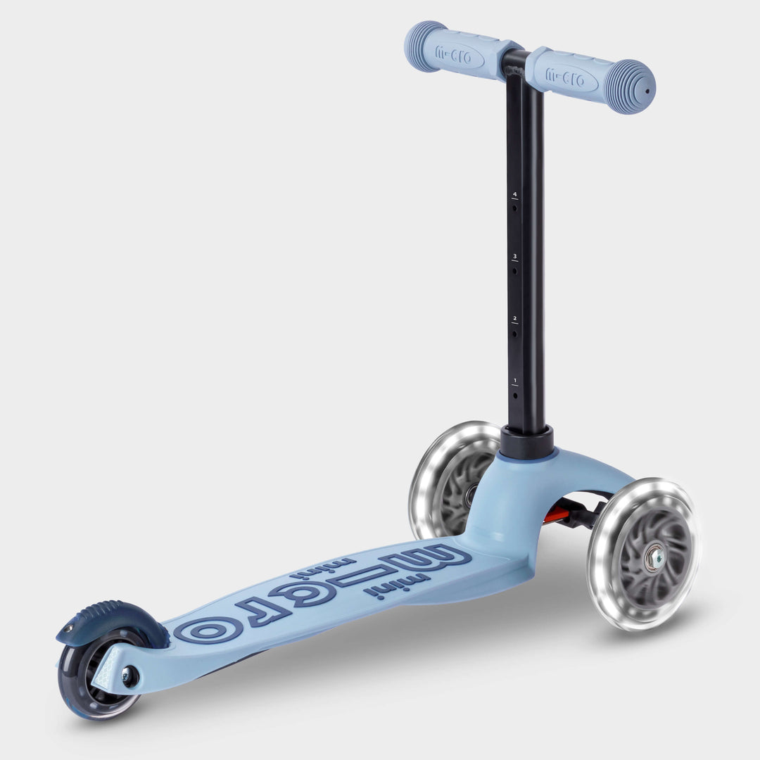 Soft blue Micro Mini2Grow Deluxe LED set up as a three-wheel scooter, side view