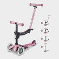 Micro Mini2Grow Deluxe LED in rose pink set up as a ride-on with seat and push handle, with icons of its four stages
