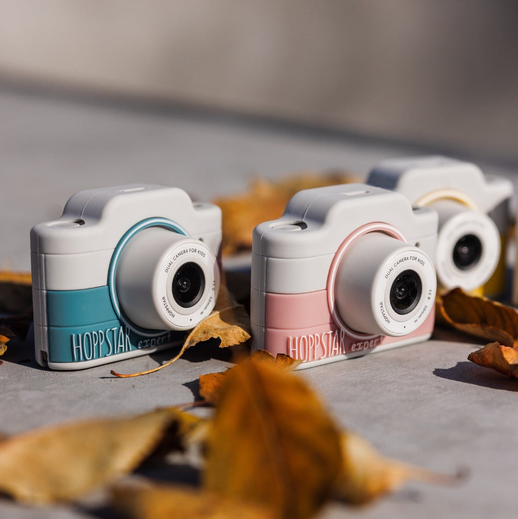 Two retro-style compact cameras, one in teal and one in pink, resting on a gray concrete surface scattered with dry autumn leaves.