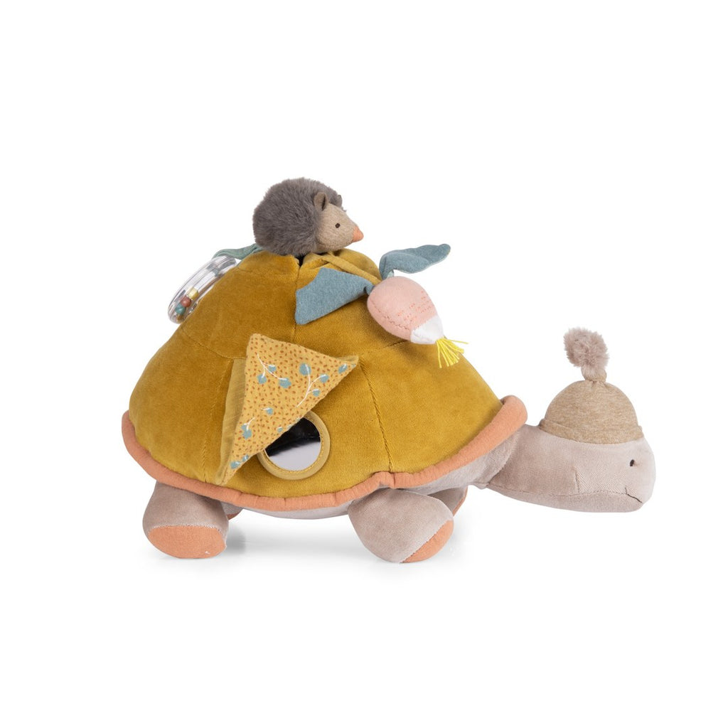 Moulin Roty Trois Petits Lapins large activity turtle, mustard velvet shell with hedgehog, radish and patterned flap