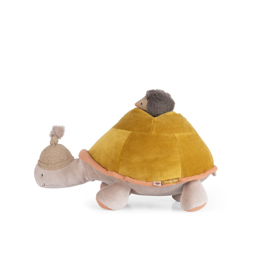 Moulin Roty large activity turtle from behind with the hedgehog peeking out of the shell