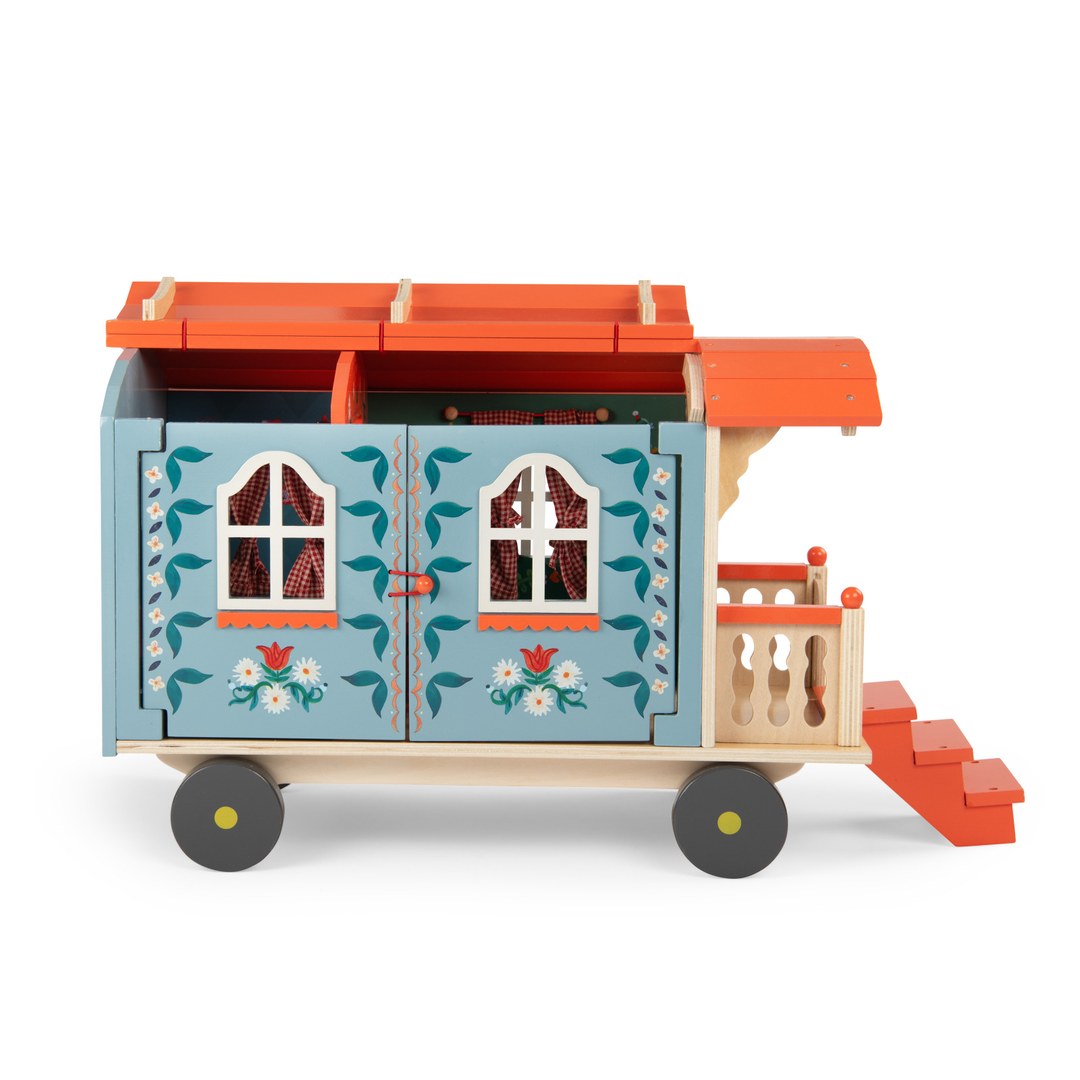 Moulin Roty wooden caravan side view with doors closed, balcony and orange steps