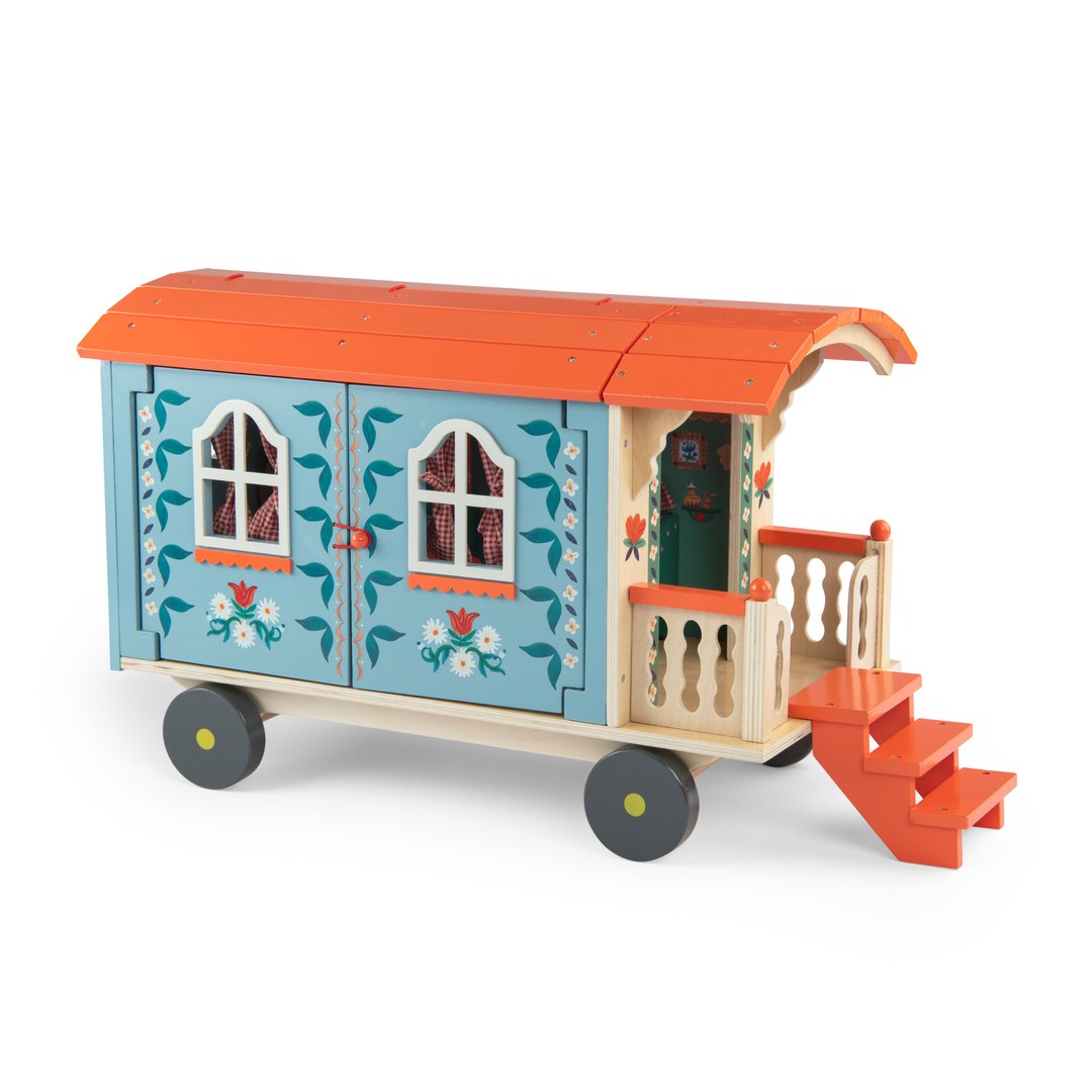 Moulin Roty wooden caravan angled view with doors closed, balcony and steps