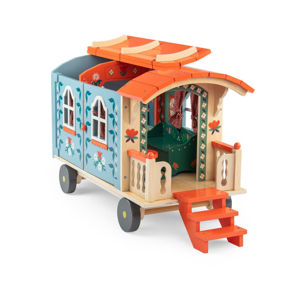 Moulin Roty wooden caravan with roof sections lifted to play inside