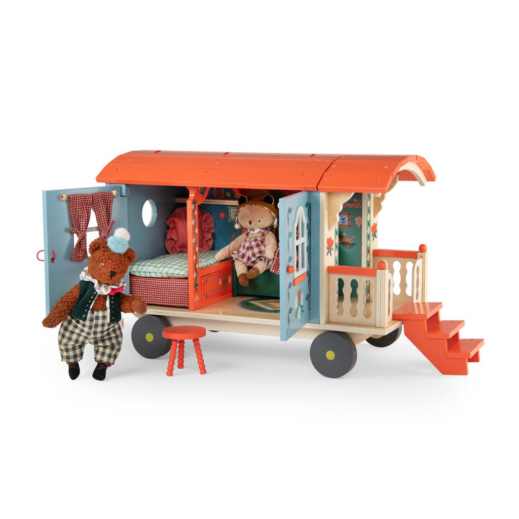Moulin Roty wooden caravan side open with bear dolls and furniture
