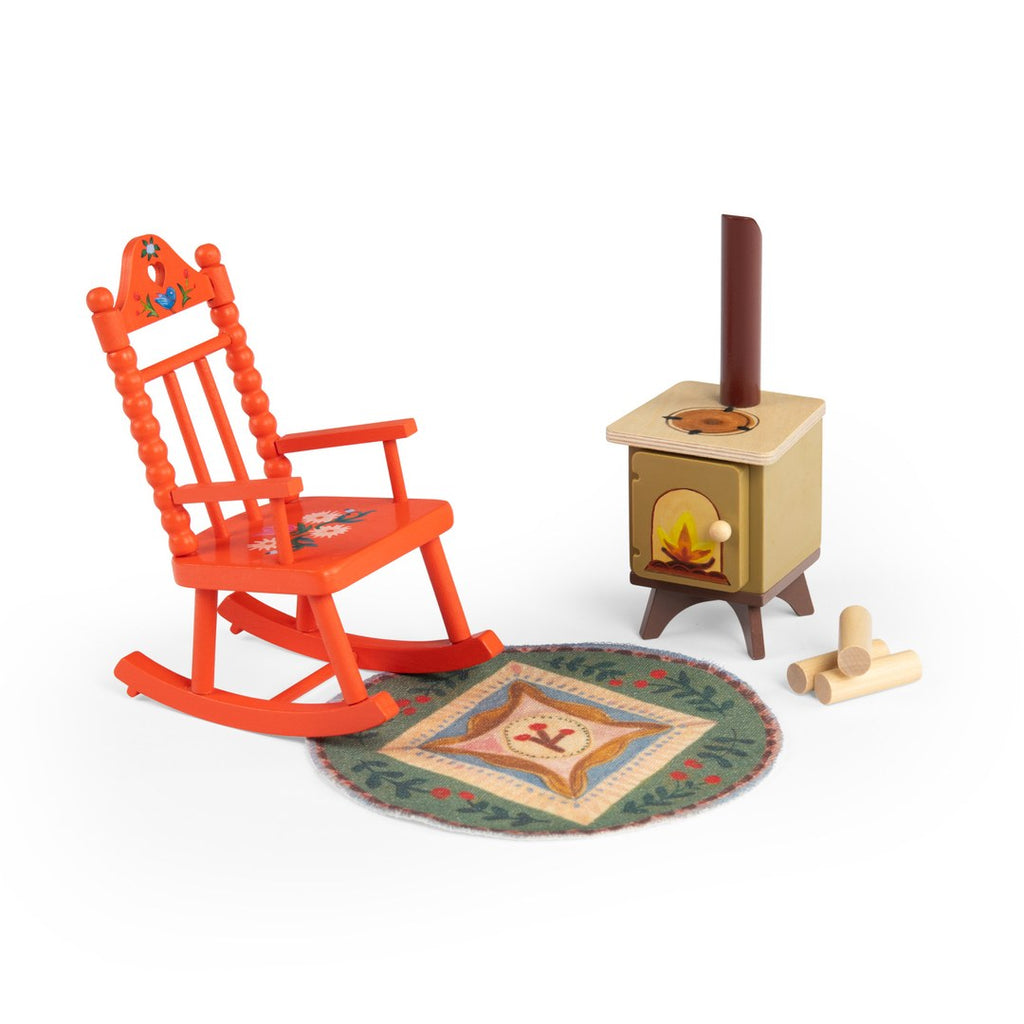 Moulin Roty Les Minouchkas cosy living room set with rocking chair, wood stove, logs and rug