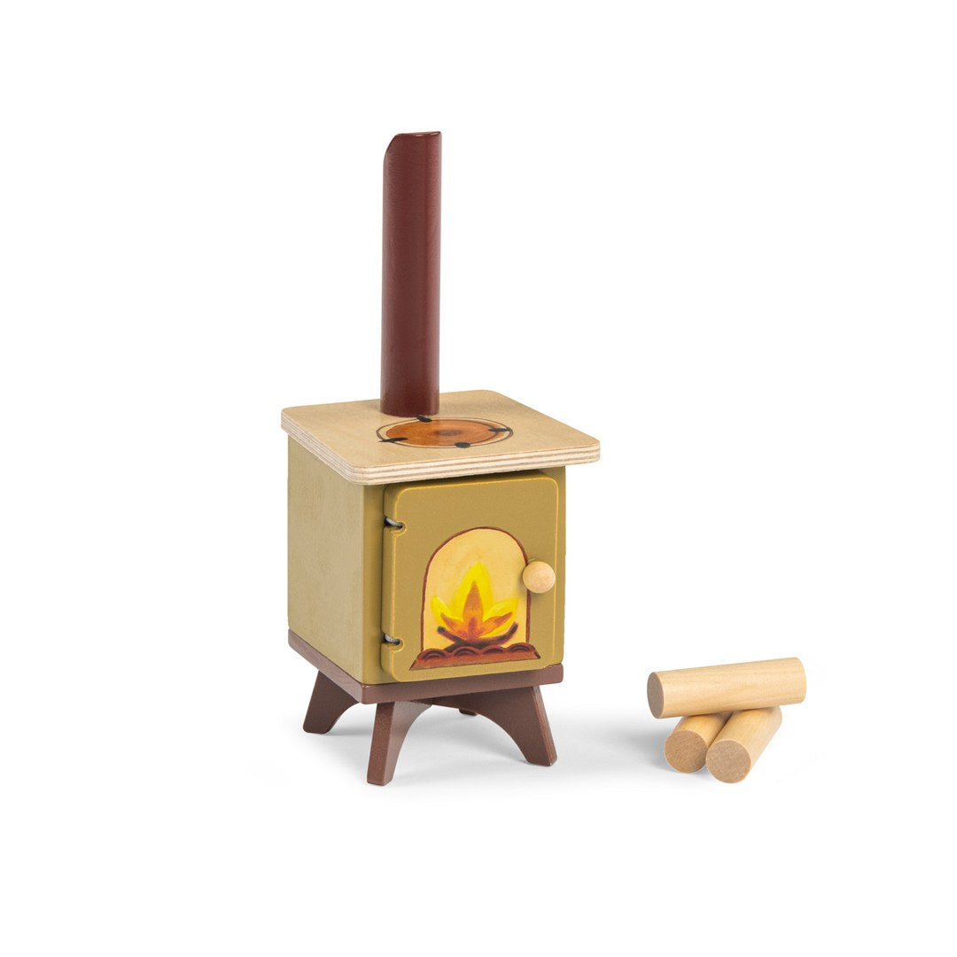 Wooden toy wood-burning stove and logs from the Moulin Roty cosy living room set
