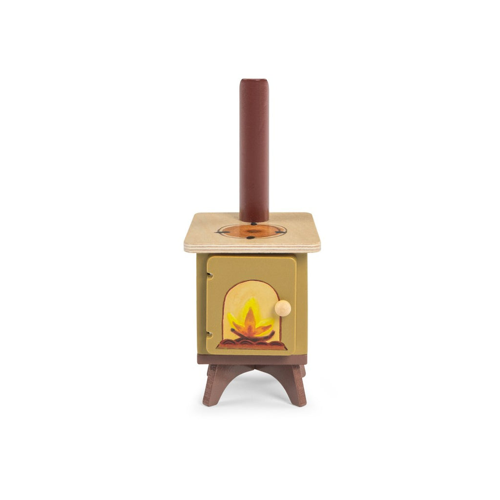 Front of the wooden toy stove with painted fire, Moulin Roty