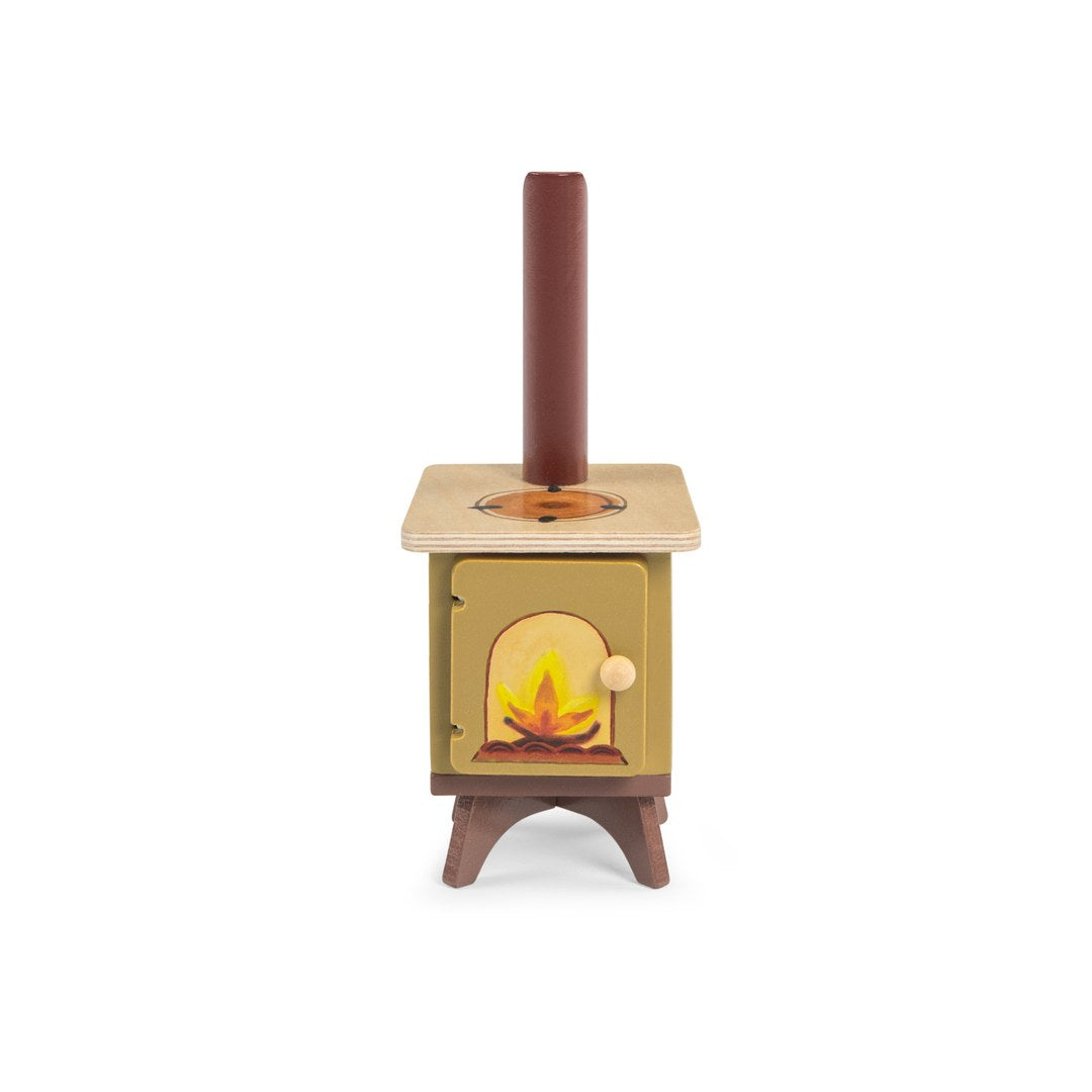 Front of the wooden toy stove with painted fire, Moulin Roty