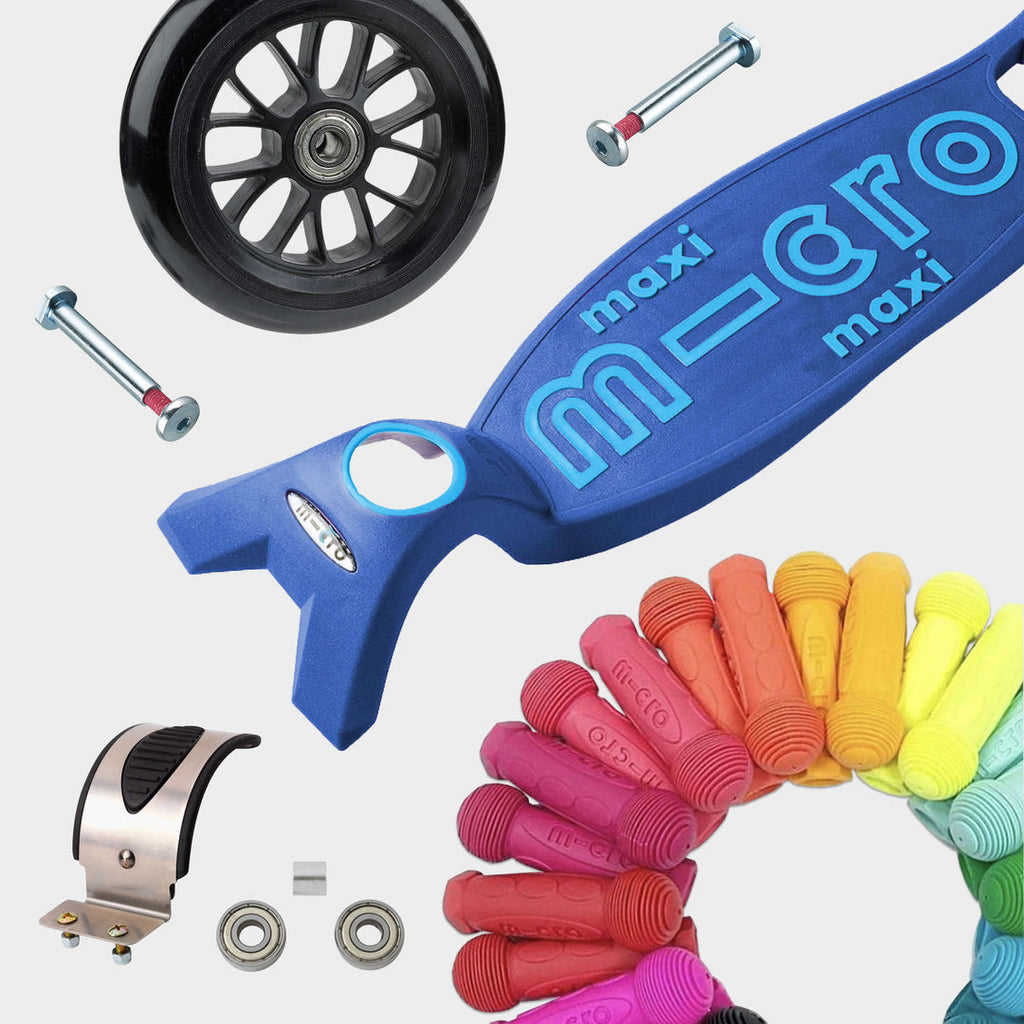 Replaceable parts for the navy Maxi Micro Deluxe: spare wheel, axles, brake, bearings and coloured grips