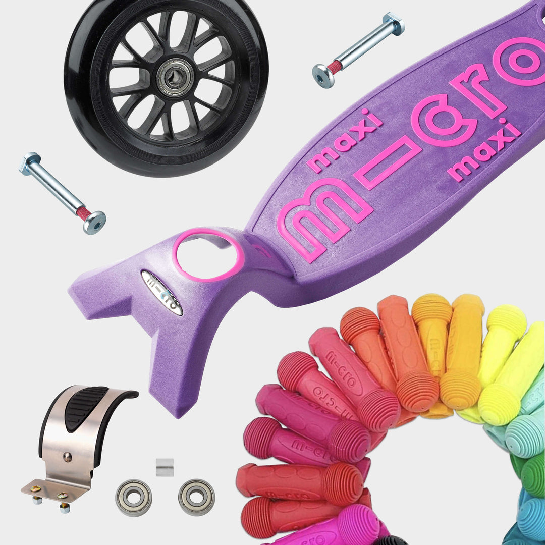 Replaceable parts for the purple Maxi Micro Deluxe: spare wheel, axles, brake, bearings and coloured grips