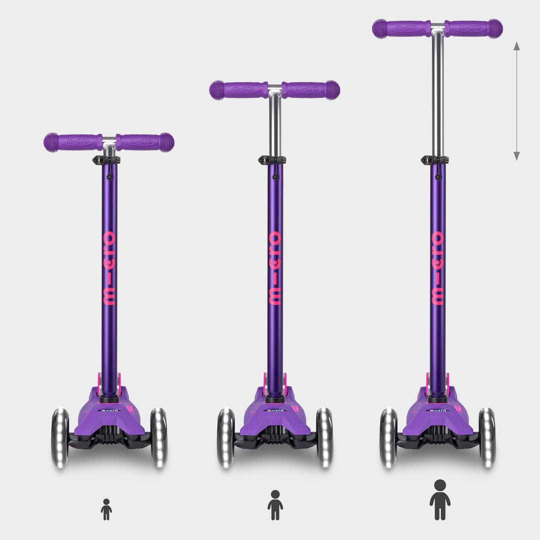 Three purple Maxi Micro Deluxe LED scooters showing the handlebar height adjusting as a child grows