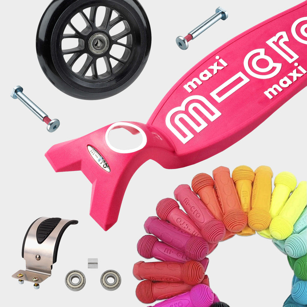Replaceable parts for the pink Maxi Micro Deluxe: spare wheel, axles, brake, bearings and coloured grips