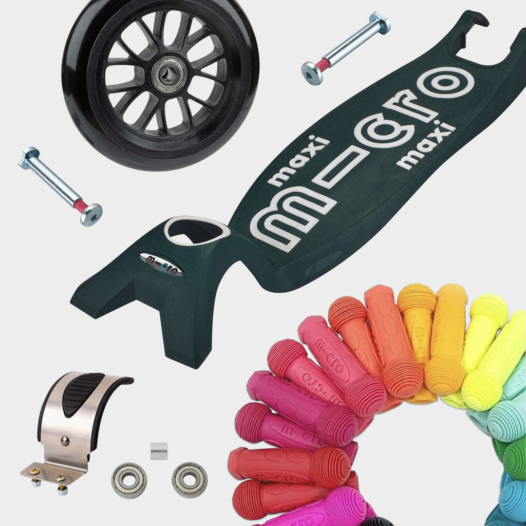 Replaceable parts for the green Maxi Micro Eco: spare wheel, axles, brake, bearings and coloured grips