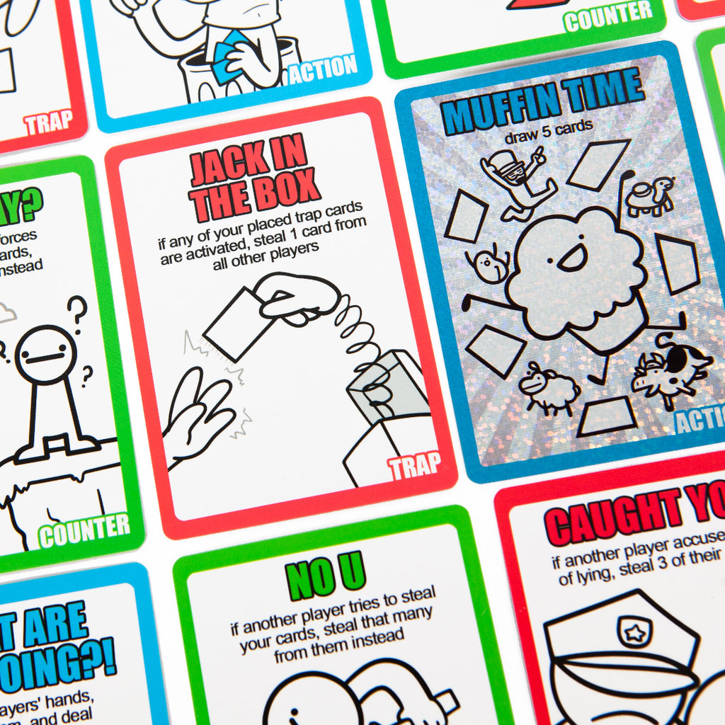 Collection of colorful game cards with various text and graphics