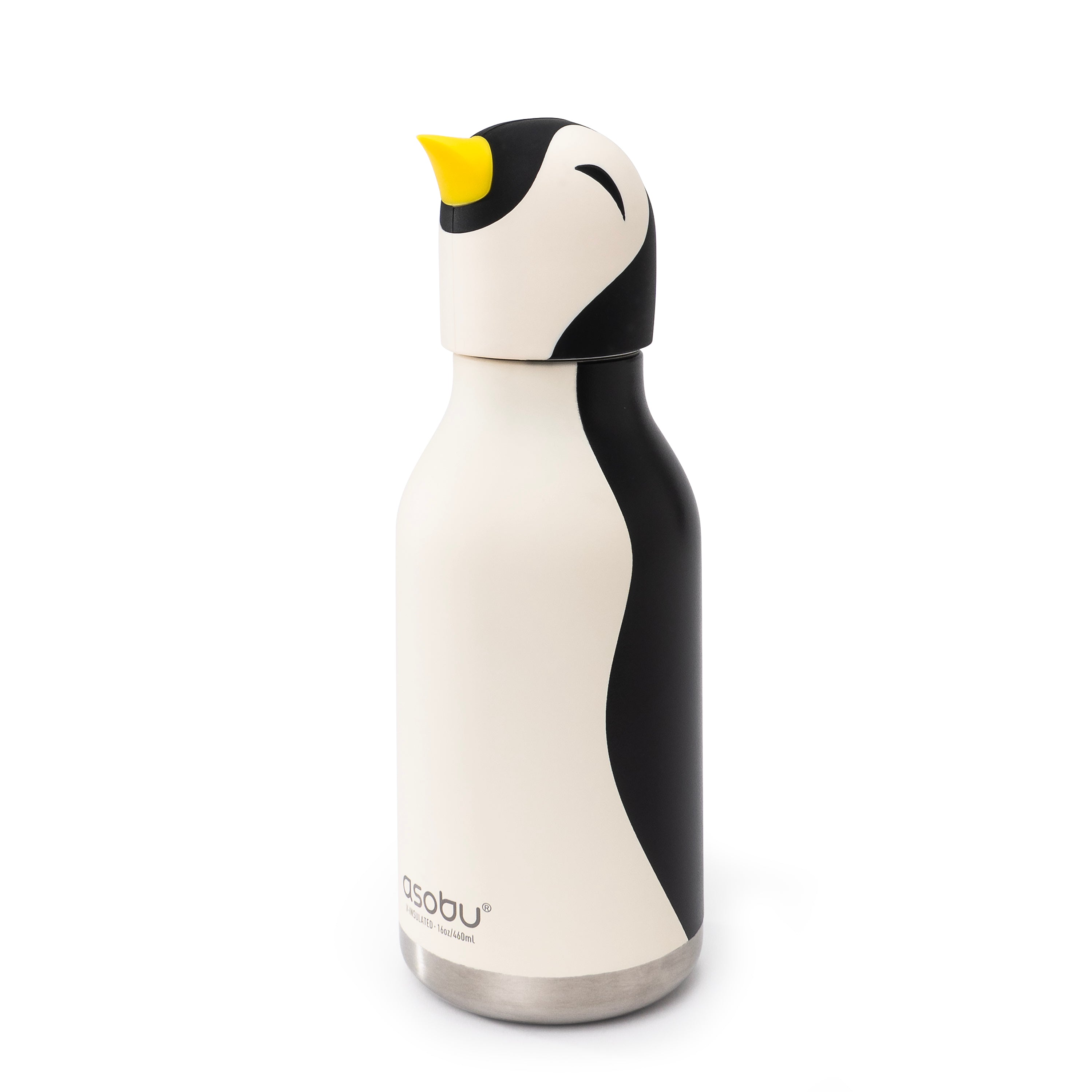 A stainless steel water bottle designed like a penguin, featuring a cream-colored body, a black side panel, a matching cream and black penguin cap with a bright yellow beak, and a silver stainless steel base.