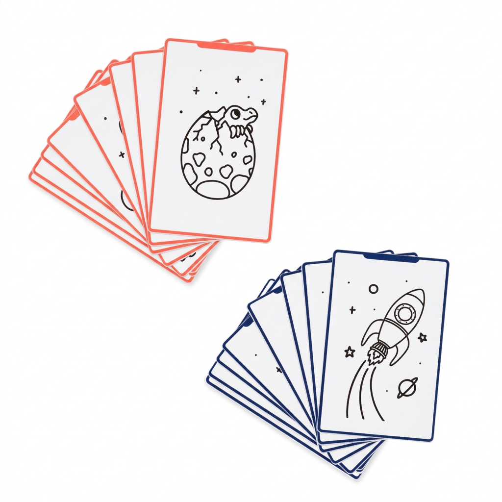 Two fans of KIDYDRAW MINI refill cards, red-edged dinosaur cards with a hatching dinosaur egg and navy-edged galaxy cards with a rocket
