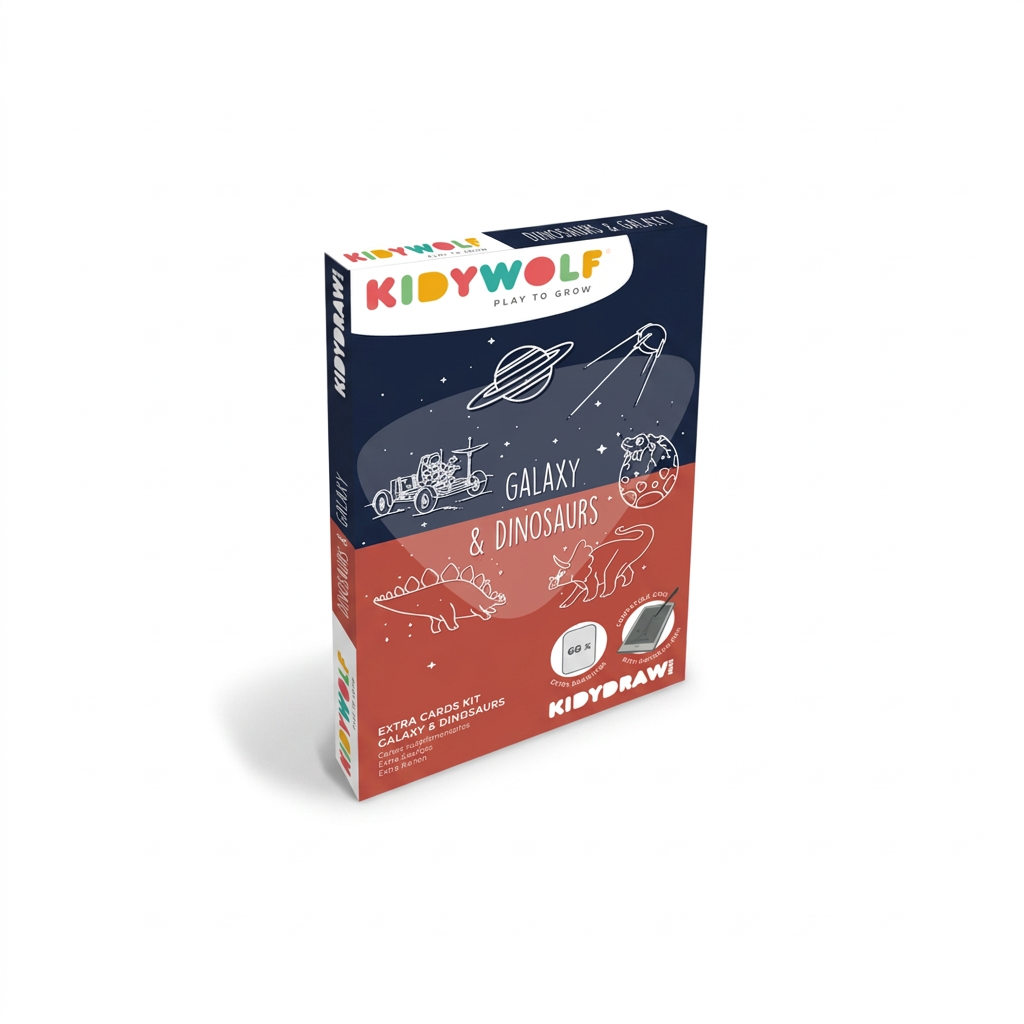 Kidywolf KIDYDRAW MINI Extra Cards Kit box in navy and red, Dinosaurs and Galaxy refill pack with 60 extra drawings