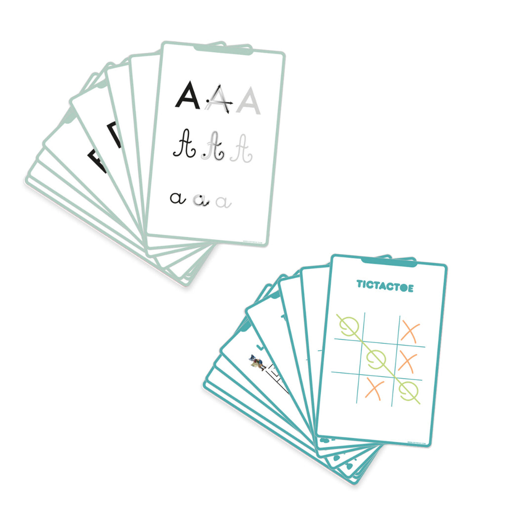 Set of educational flashcards with letters and simple graphics on a white background