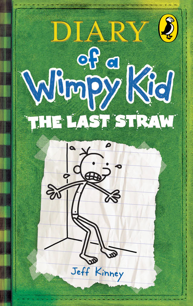 Book cover of 'Diary of a Wimpy Kid: The Last Straw' by Jeff Kinney with green background and stick figure drawing.