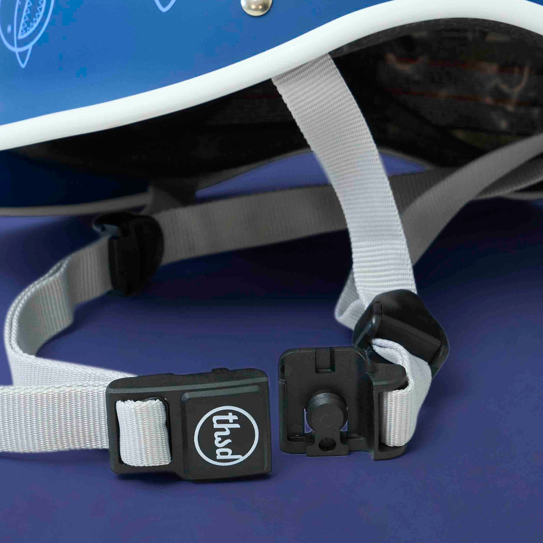 Close-up of a dog helmet with a blue background
