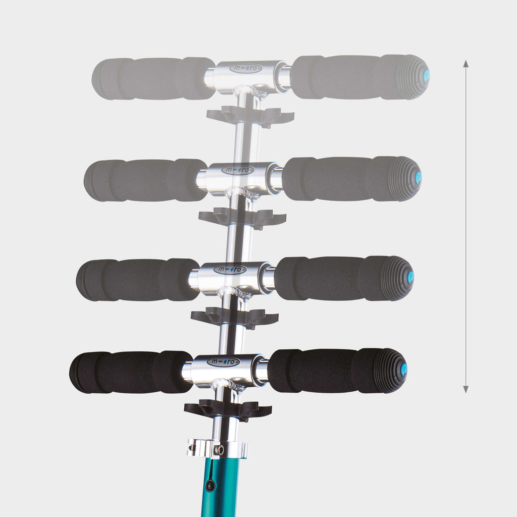 Handlebar of the aqua Micro Sprite shown at four heights to show it adjusts