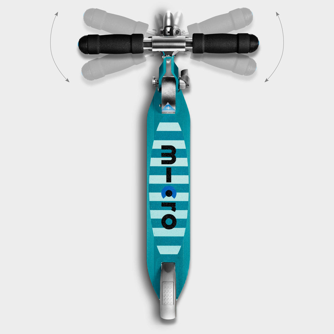 Top-down view of the aqua Micro Sprite deck with the micro logo and folding handlebar grips