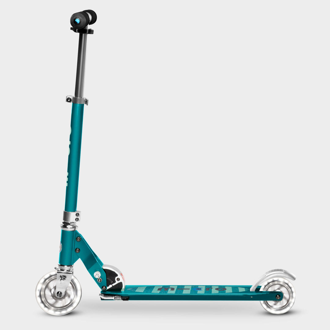 Aqua Micro Sprite LED scooter with the handlebar folded down, side view