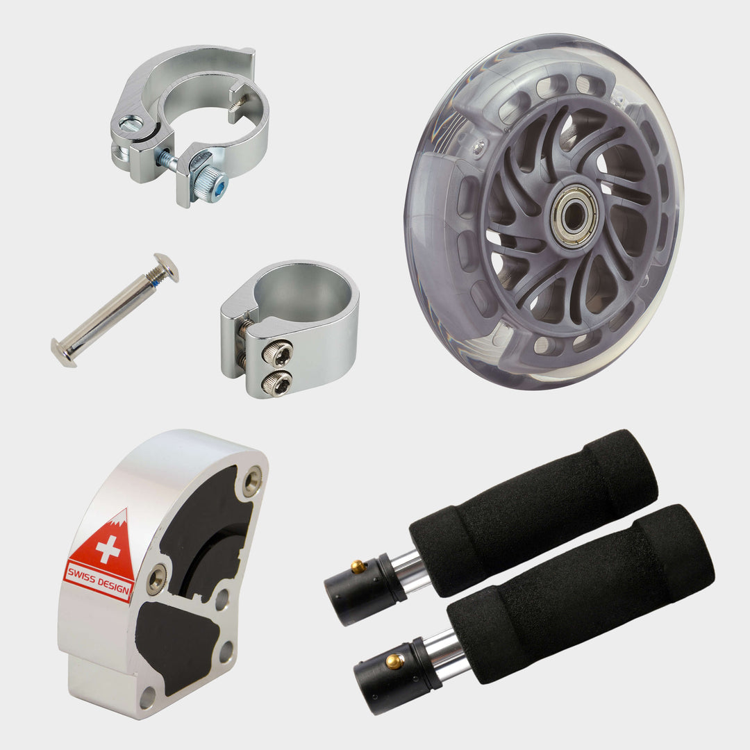 Replaceable parts for the Micro Sprite: clamps, axle, light-up wheel, folding block and foam grips