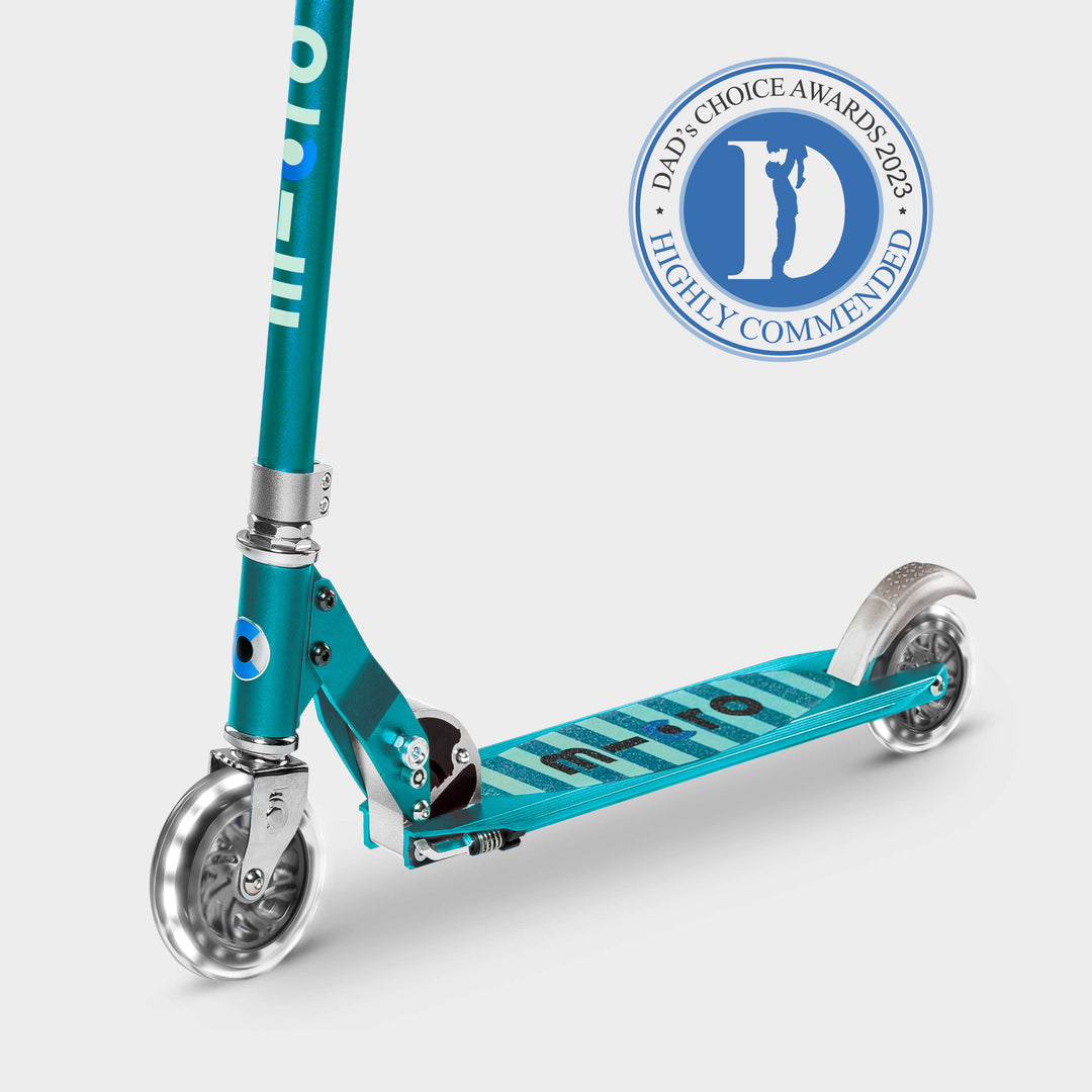 Aqua Micro Sprite LED scooter with the Dad's Choice Awards 2023 Highly Commended badge