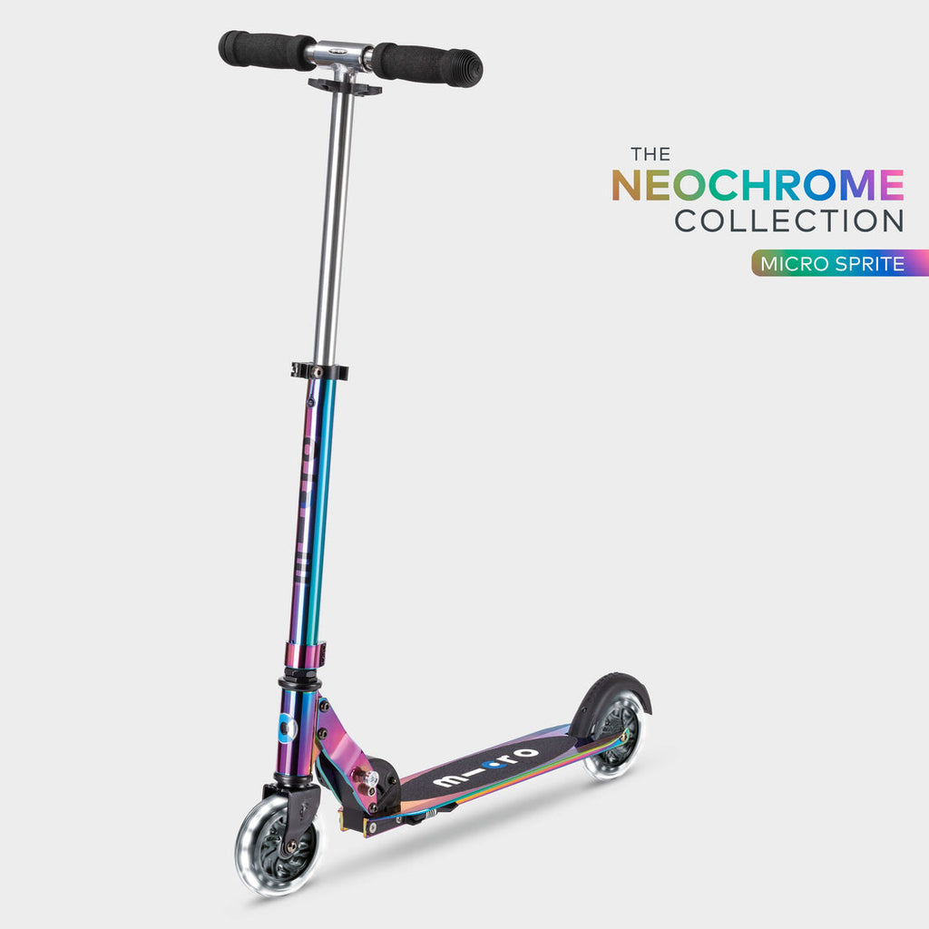 Micro Sprite LED two-wheel scooter in iridescent Neochrome with black grips and light-up wheels, with the Neochrome Collection logo
