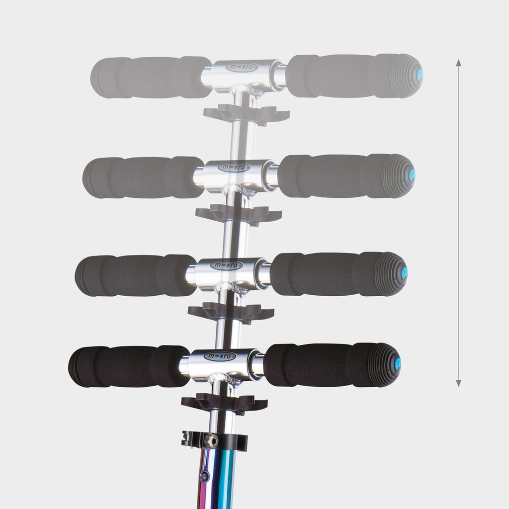 Handlebar of the Neochrome Micro Sprite shown at four heights to show it adjusts