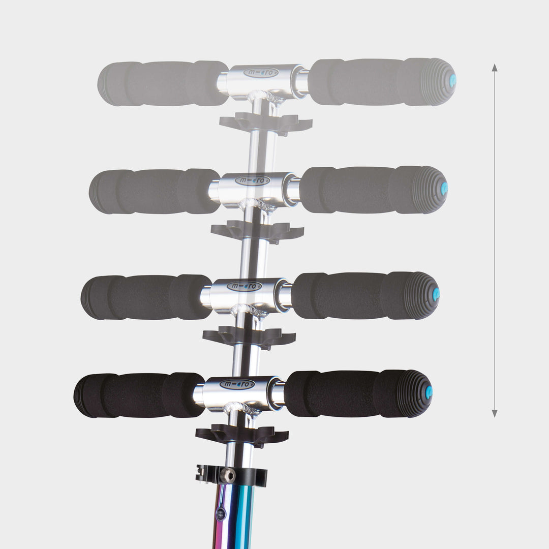 Handlebar of the Neochrome Micro Sprite shown at four heights to show it adjusts