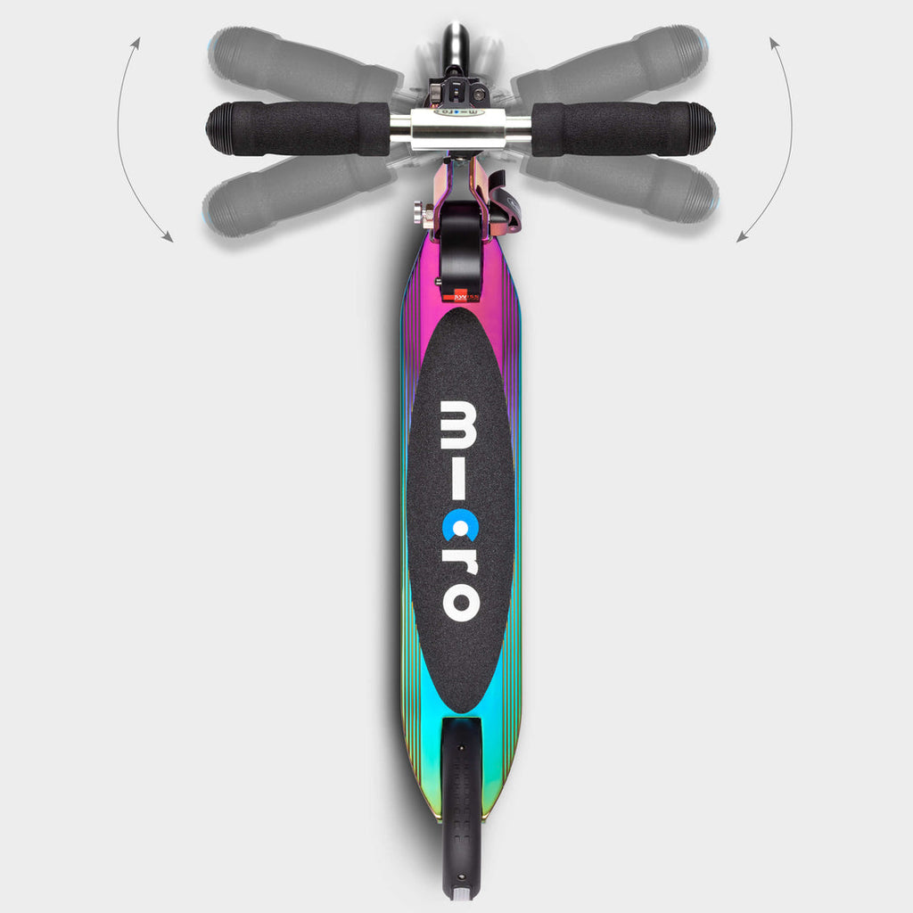 Top-down view of the Neochrome Micro Sprite deck with the micro logo and folding handlebar grips