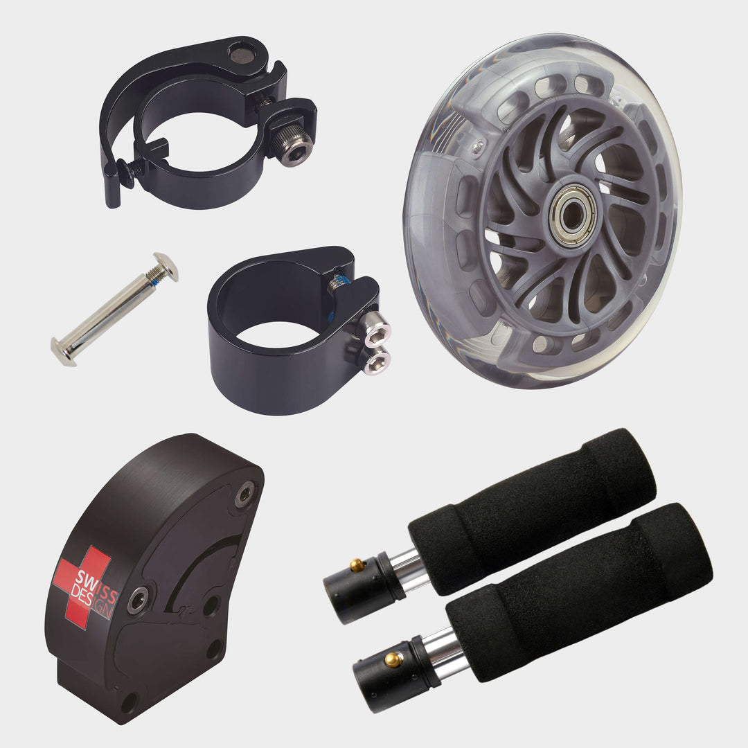 Replaceable parts for the Micro Sprite: clamps, axle, light-up wheel, folding block and foam grips