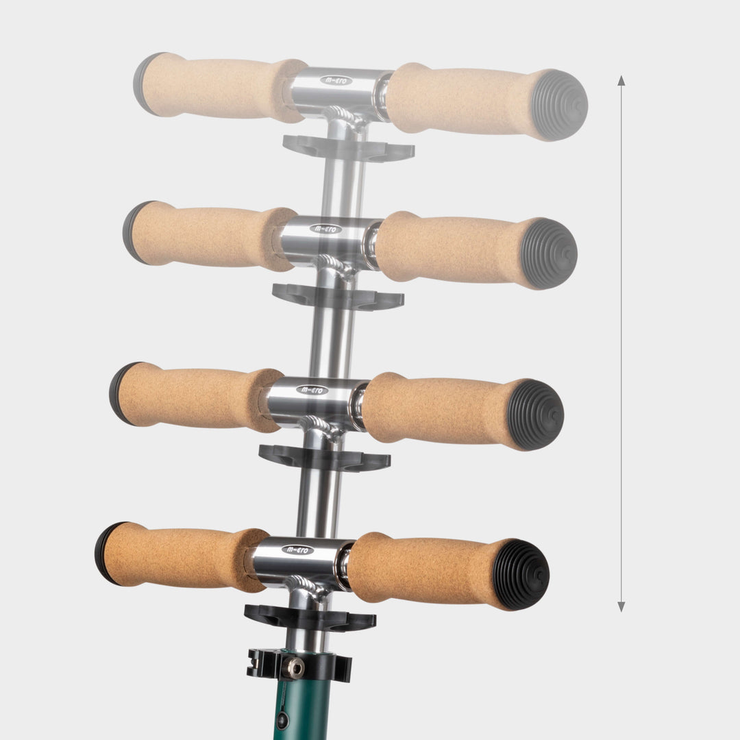Cork handlebar of the green Micro Recycled Sprite shown at four heights to show it adjusts