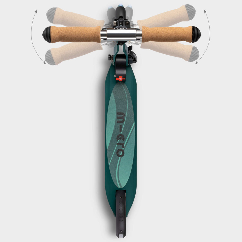 Top-down view of the green Micro Recycled Sprite deck and folding cork handlebar grips