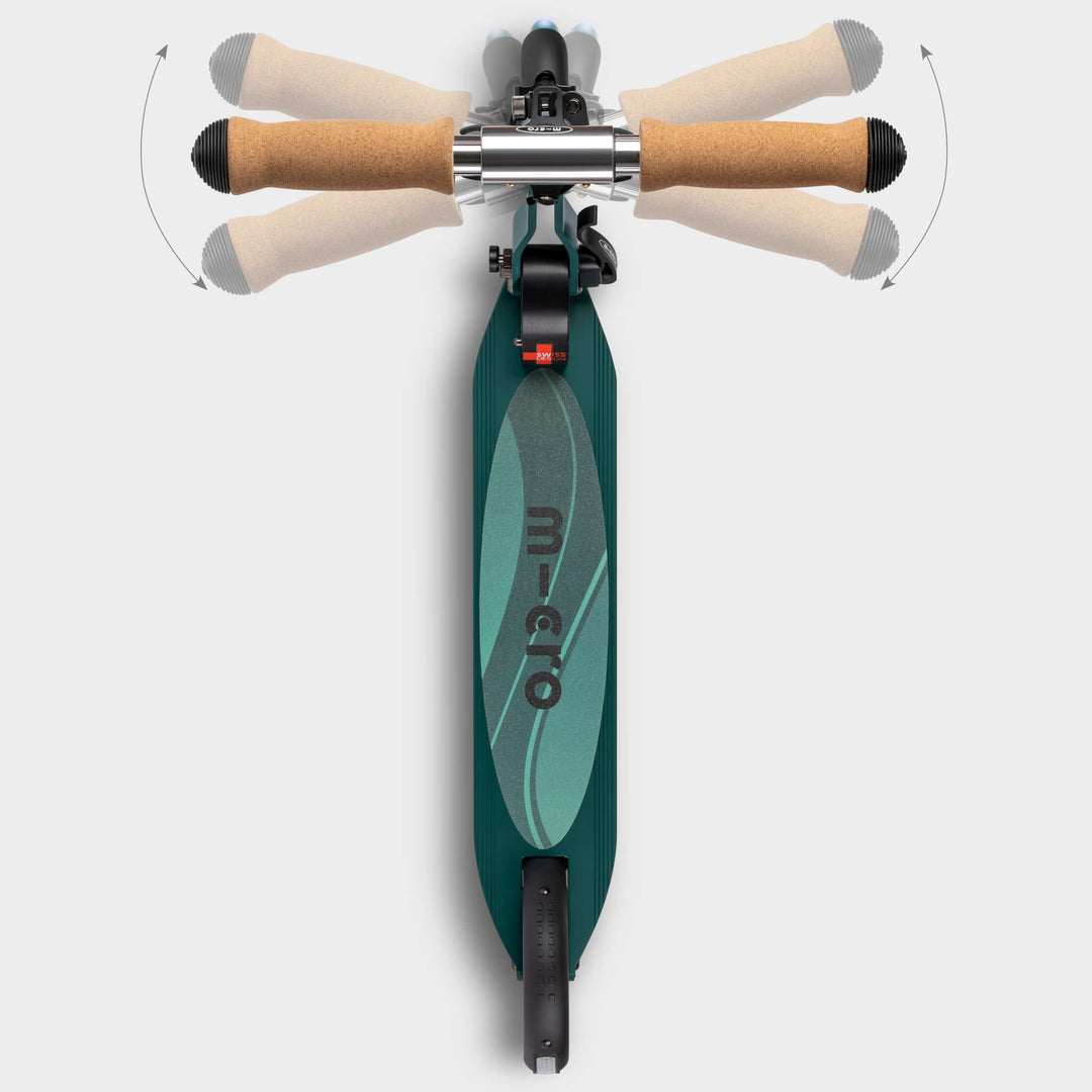 Top-down view of the green Micro Recycled Sprite deck and folding cork handlebar grips