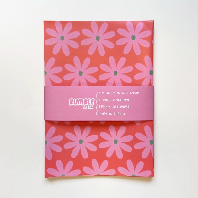 Folded Wrapping Paper - Orange and Pink Flowers - Wrapping Paper - Binky