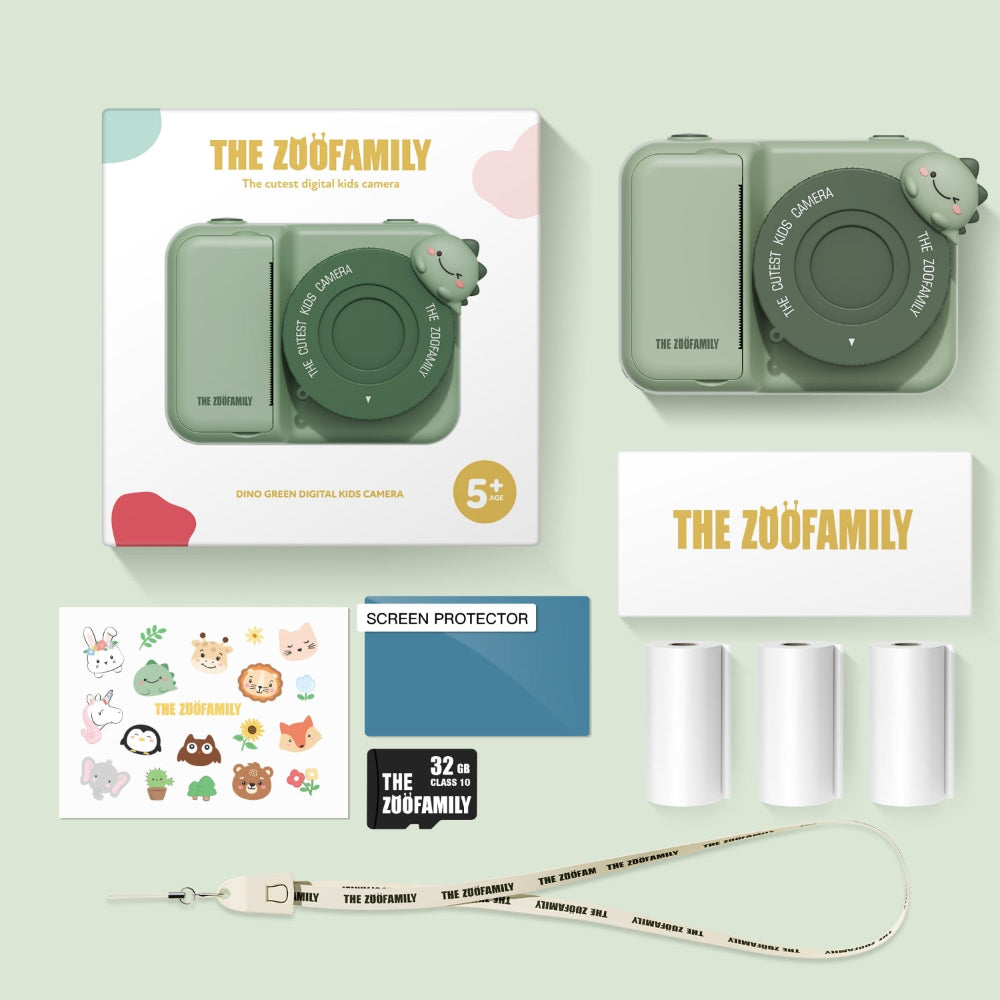 Green digital camera with packaging, screen protector, and accessories on a light green background