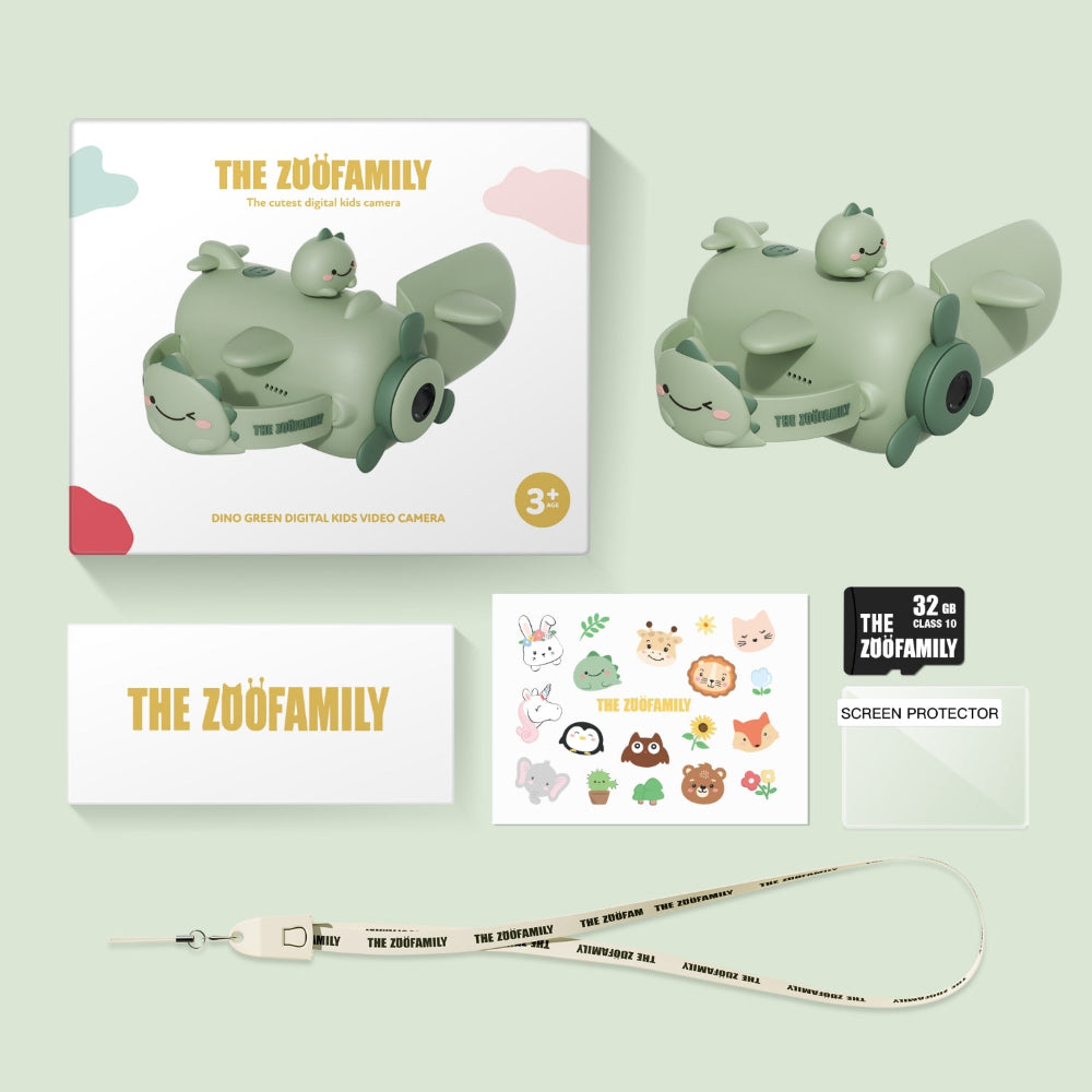 Zoo Family product set including camera, packaging, screen protector, and lanyard on a light green background.