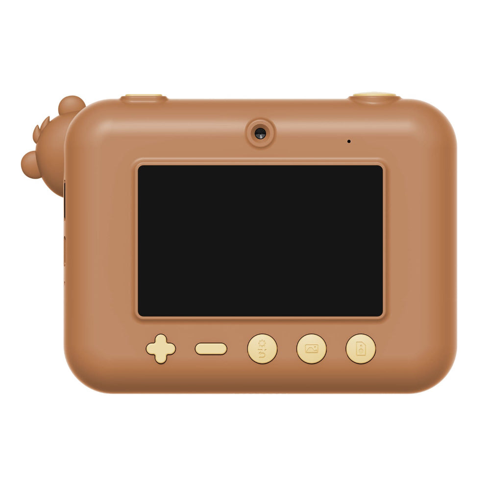 Brown toy camera with screen and buttons on a white background