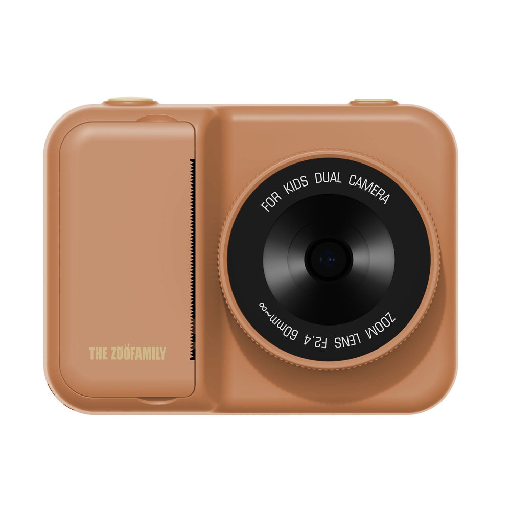 Brown dual-camera device for kids with 'The Zoo Family' branding on a white background