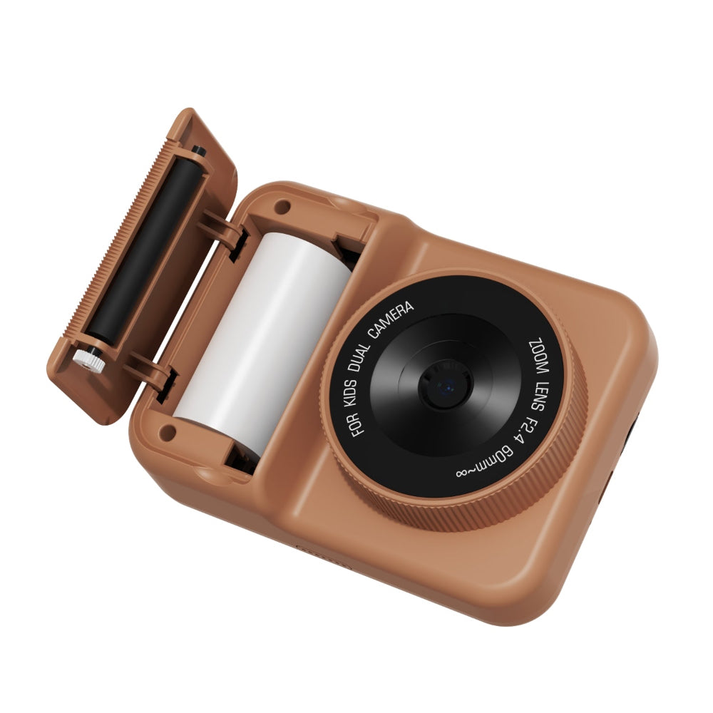 Brown camera with roll of film on a white background