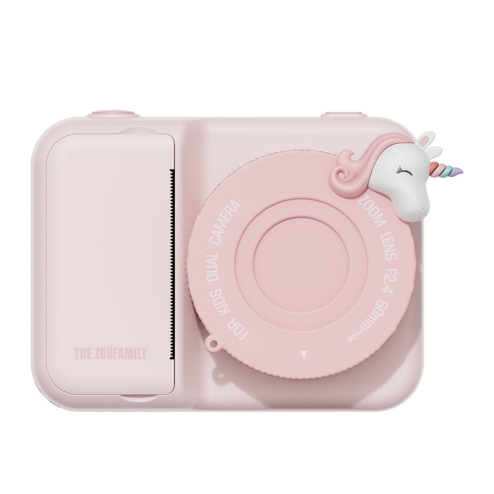 Pink toy camera with unicorn design on a white background