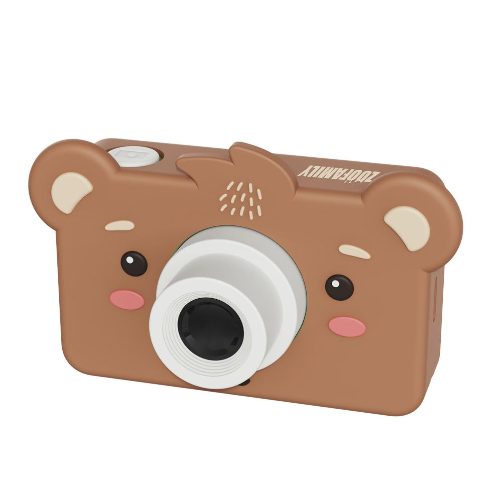 Toy camera shaped like a bear on a white background