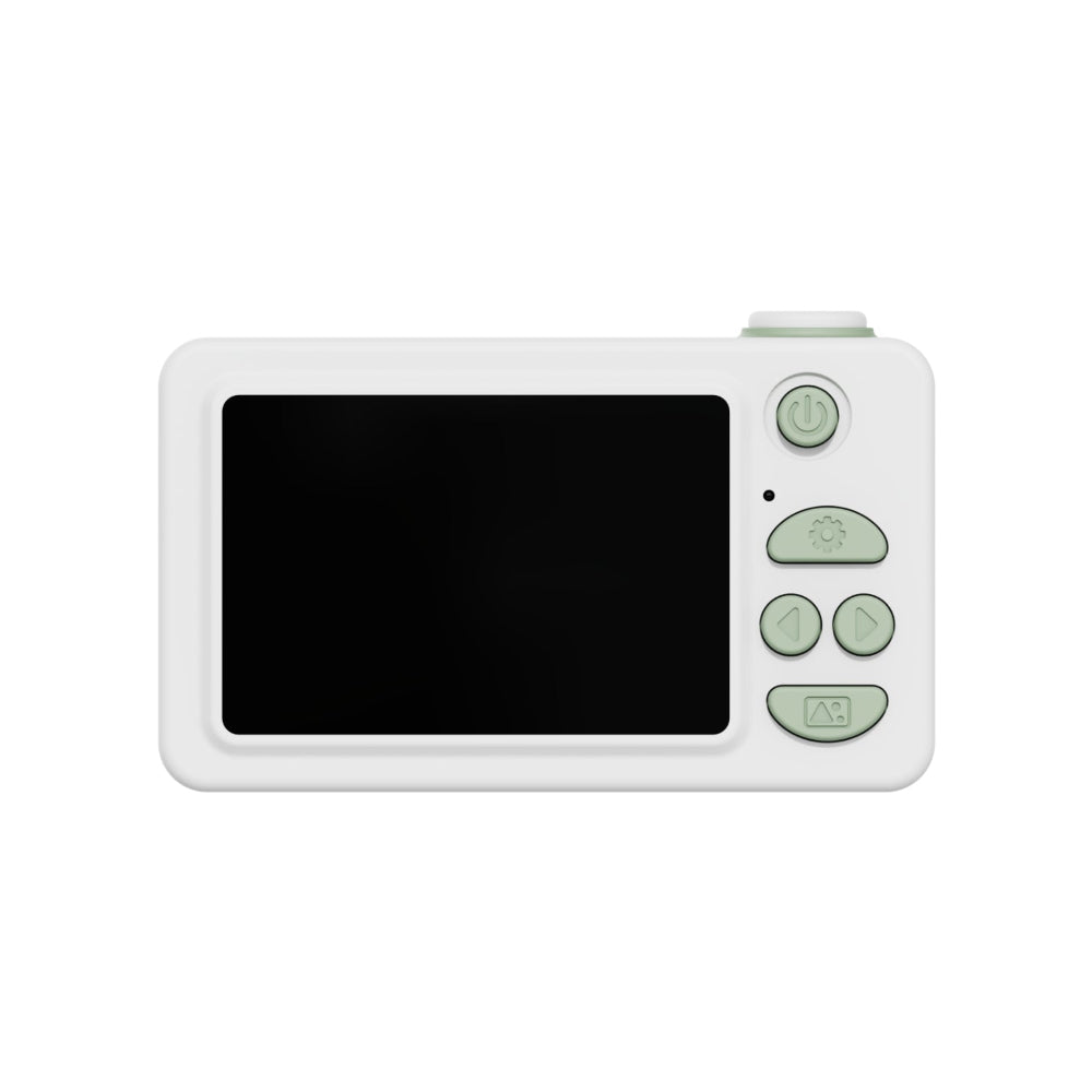 Small digital camera with a screen and control buttons on a white background