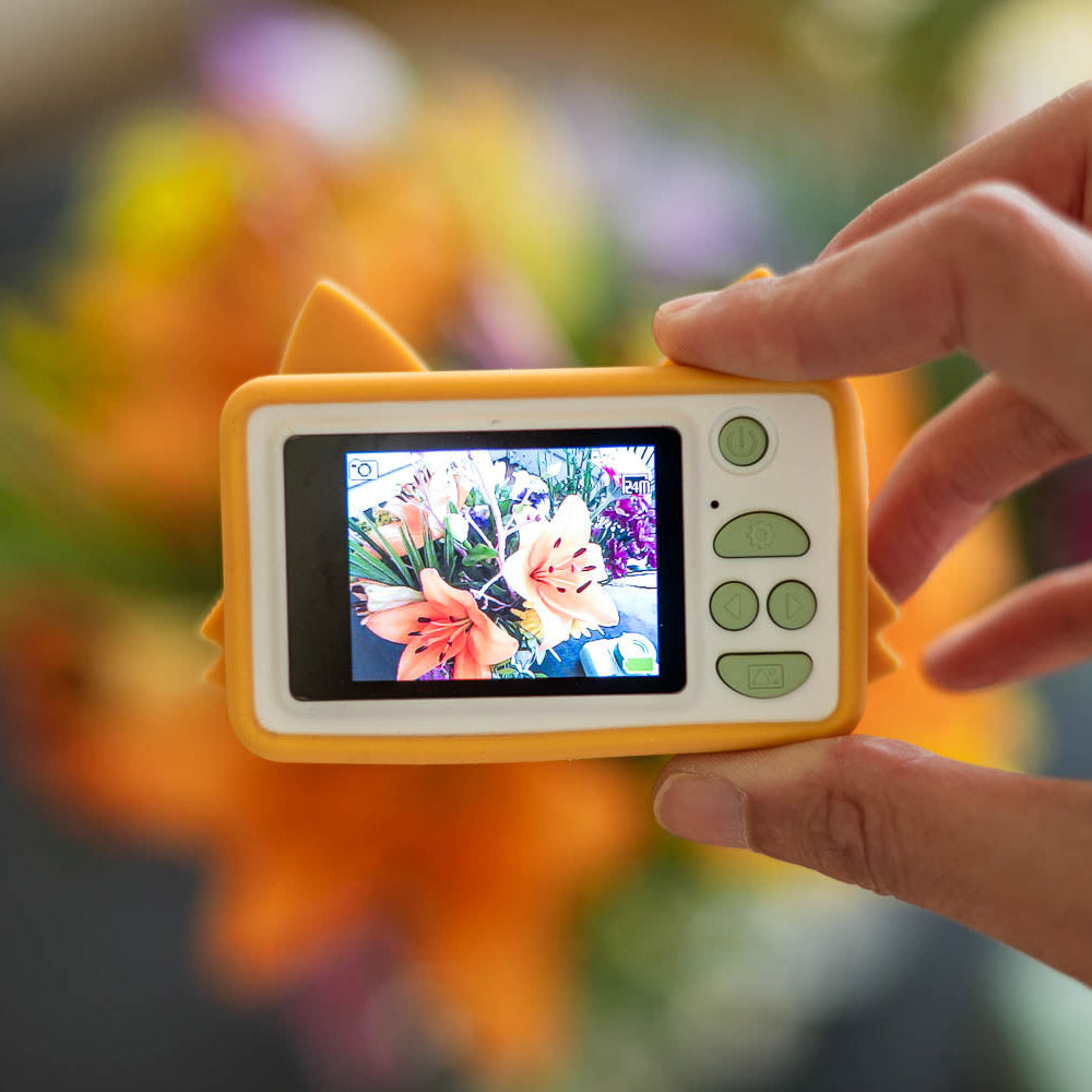 Hand holding a small digital camera with a screen displaying flowers, against a blurred floral background.