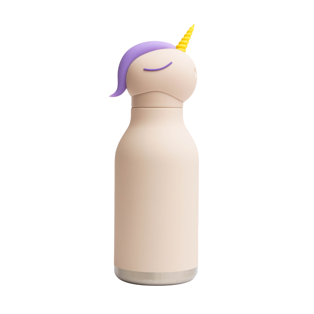 Unicorn-shaped water bottle with purple hair and yellow horn on a white background