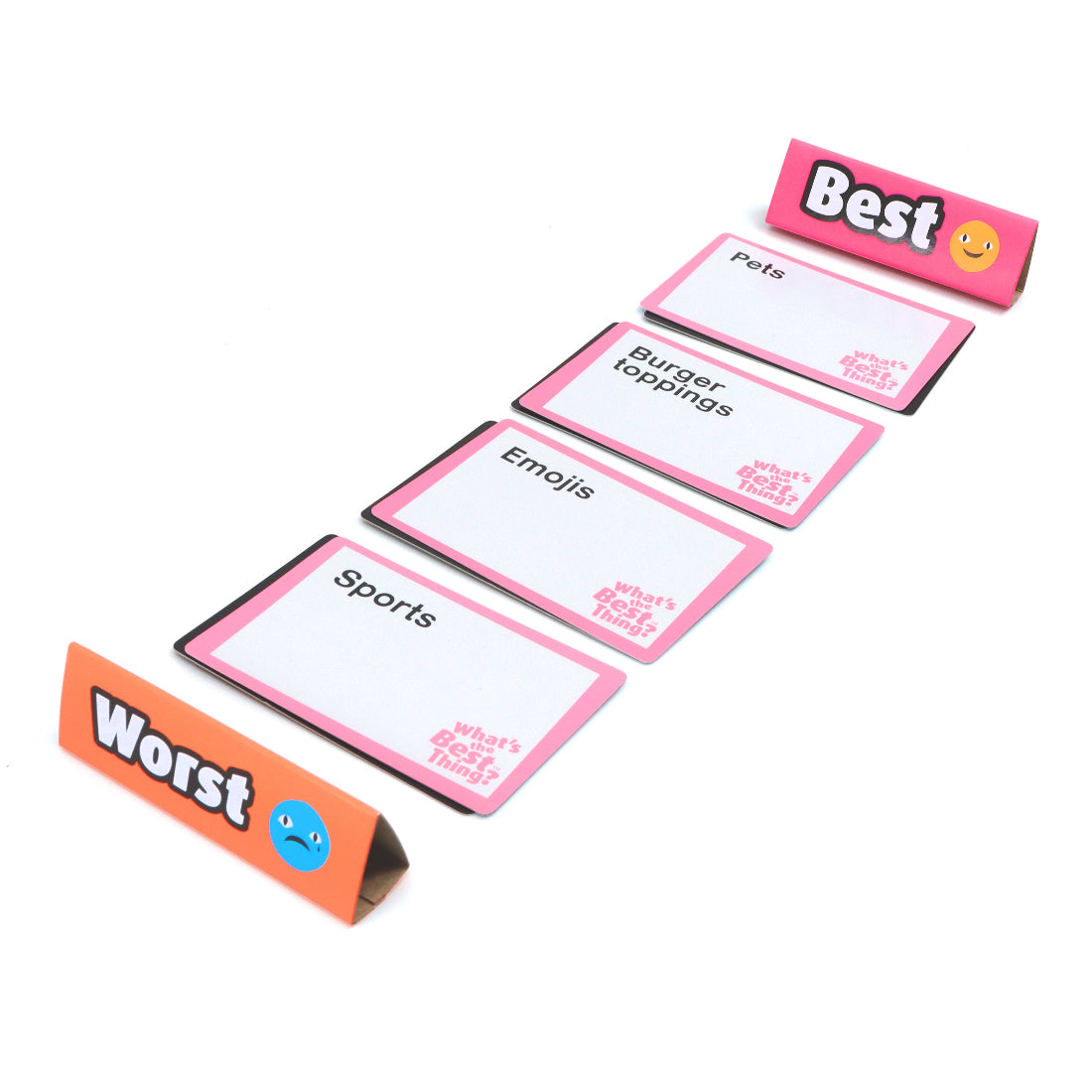 Set of pink and orange cards with text and emojis on a white background